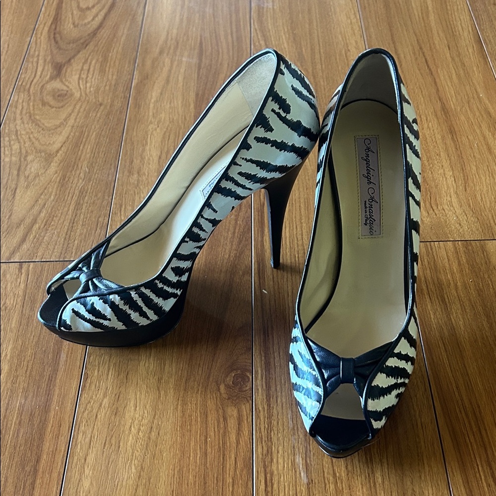 Angeleigh Anastasio Peep-Toe Zebra Print Stiletto Heels - Black & White